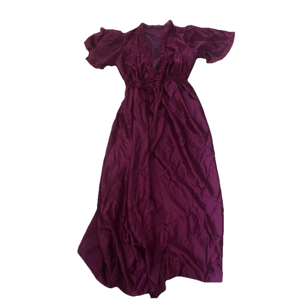 Vintage Fuchsia Silk Nightgown Robe Cover Up Lace Sleeves M